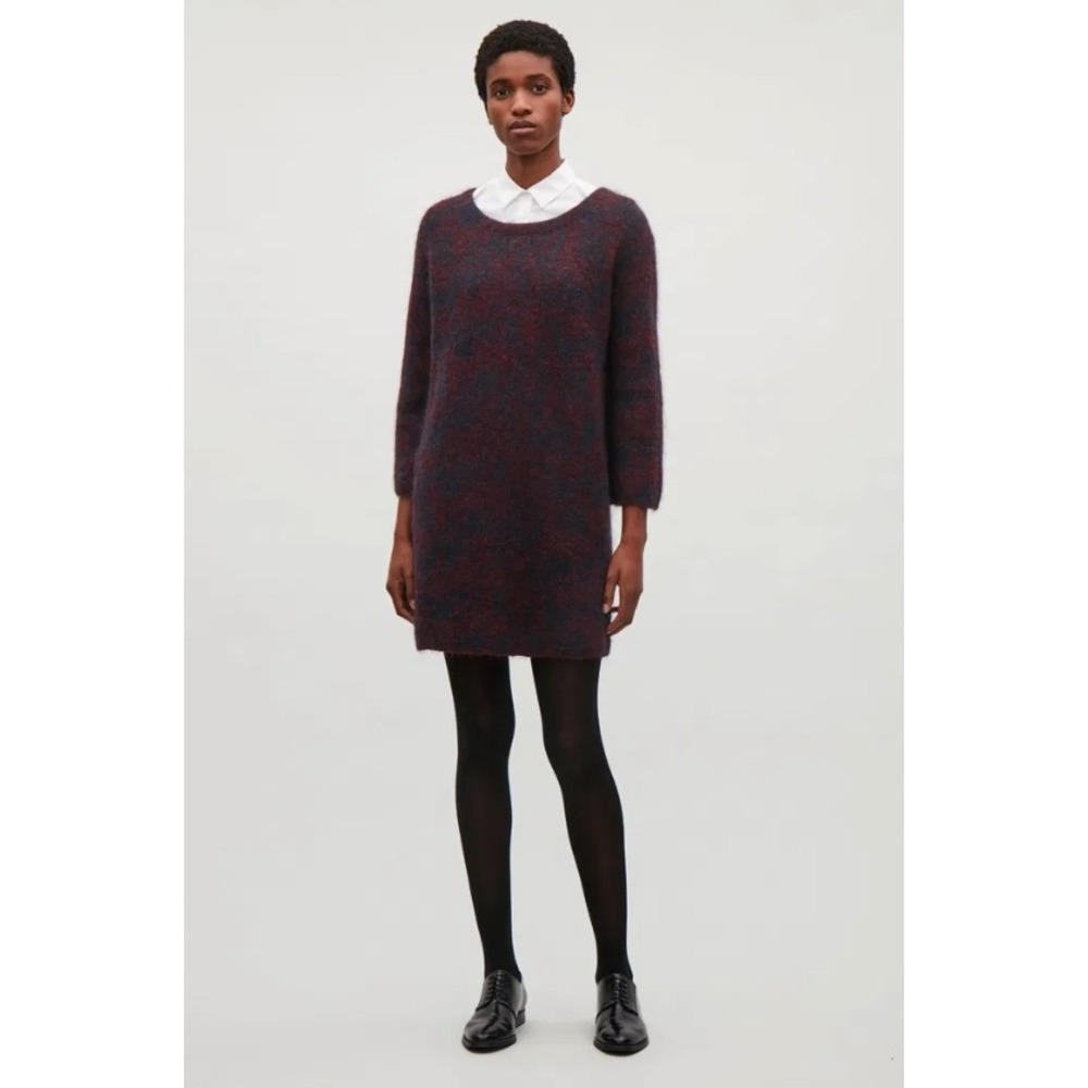 COS Mohair Wool Sweater Dress XS Burgundy Navy Abstract Knit Mini Minimalist